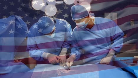 Animation-of-flag-of-usa-flag-waving-over-surgeons-in-operating-theatre