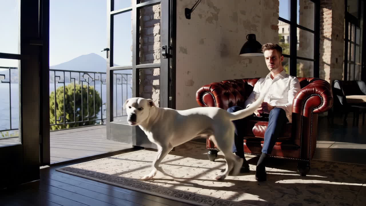 Man Relaxing in a Leather Chair with His Dog