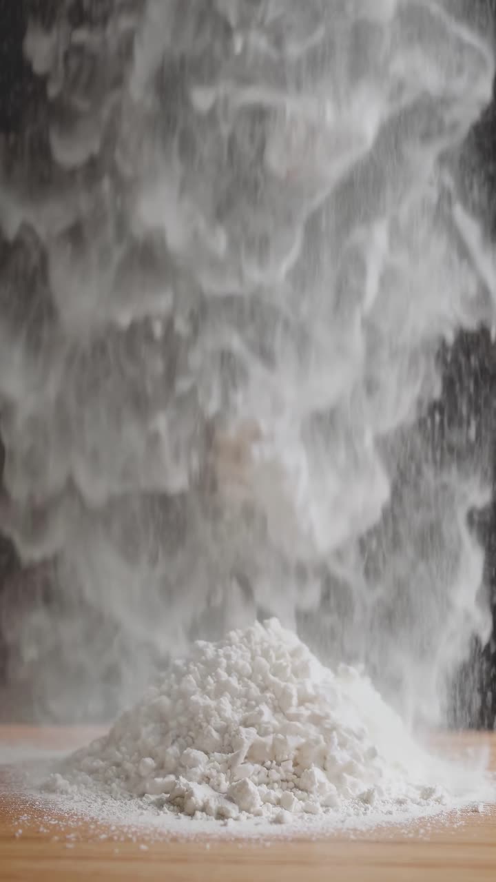 Close-up video still of flour cascading onto a wooden surface, captured from a low angle