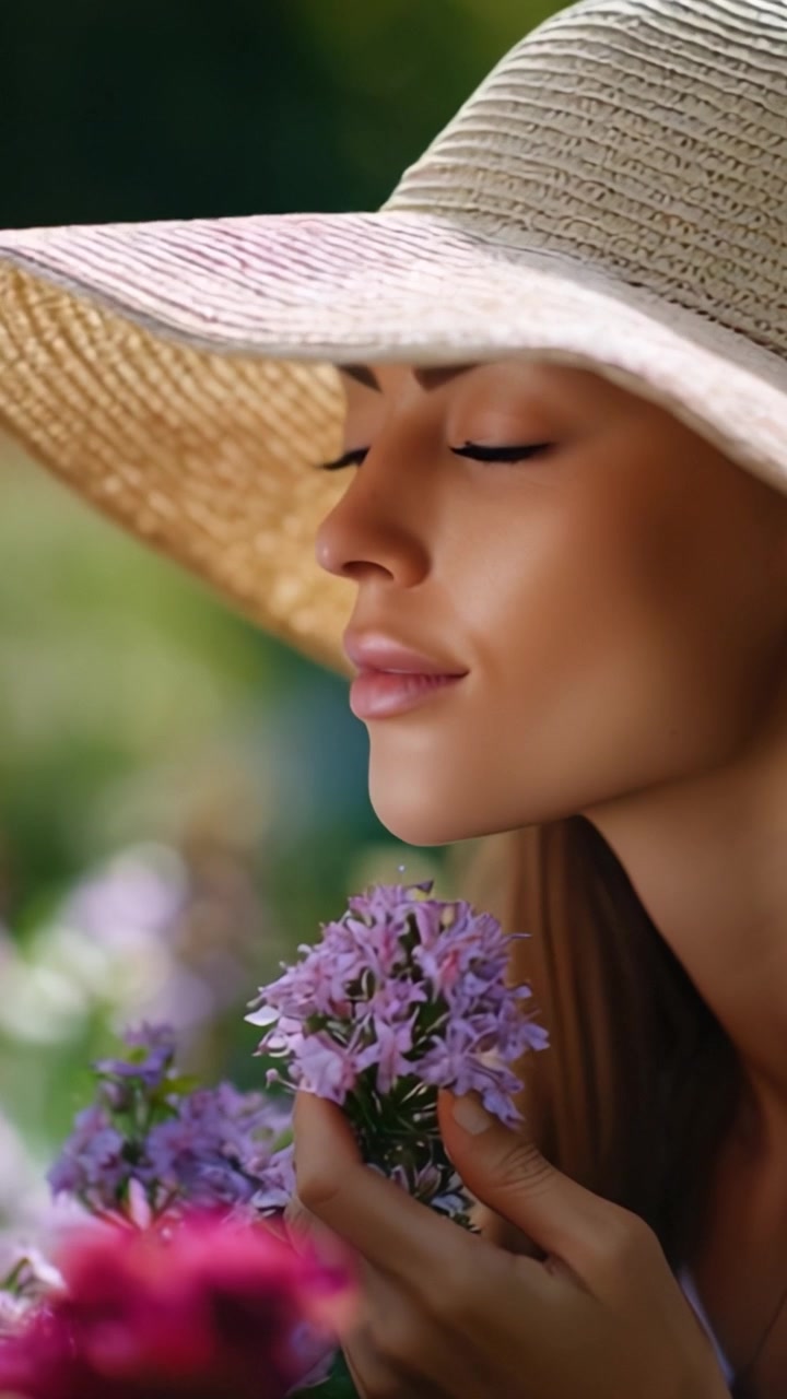 Una donna con un cappello da sole tiene delicatamente un bouquet di fiori colorati, incarnando tranquillità e connessione con la natura in un ambiente esterno sereno.