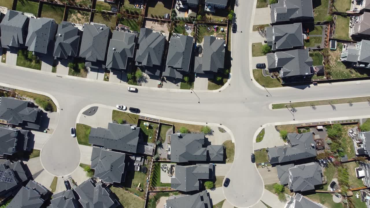 Aerial view of a suburban neighbourhood in Calgary, Alberta in summer.