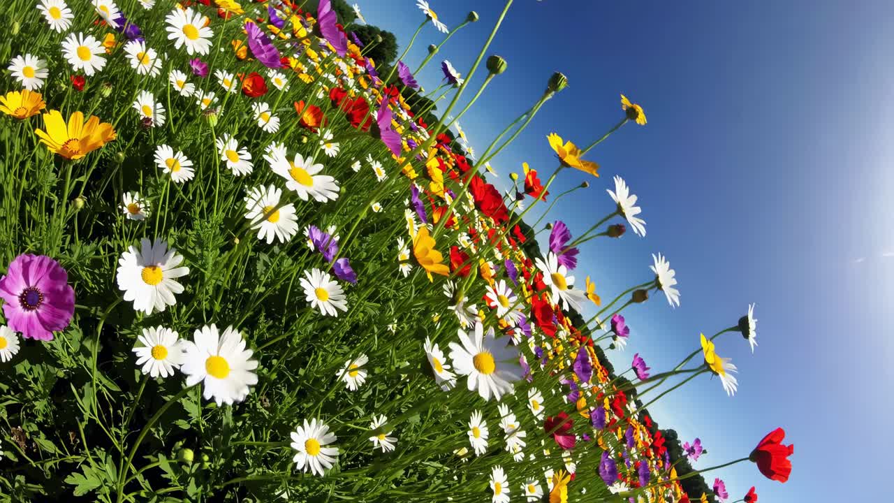 L'obiettivo fisheye cattura margherite e fiori di campo dai colori vivaci da un angolo basso, creando un effetto dinamico