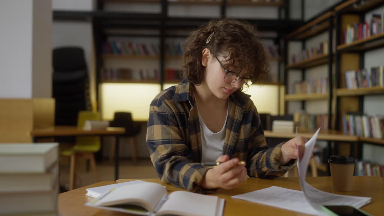 una chica con cabello rizado que usa gafas escribe sus ideas mientras está sentada en la mesa después de estudiar en la universidad en la biblioteca