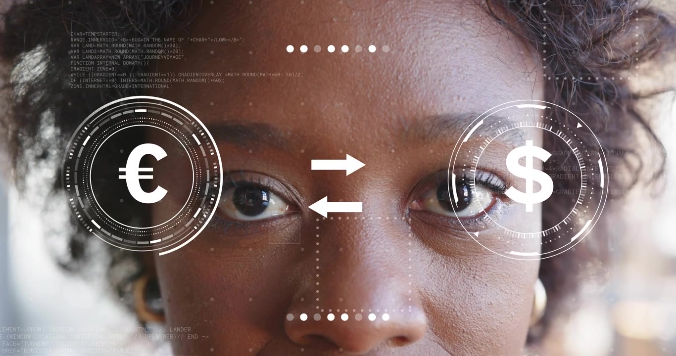 Mid adult woman using translucent HUD showing euro and dollar and animating finance exchange arrows