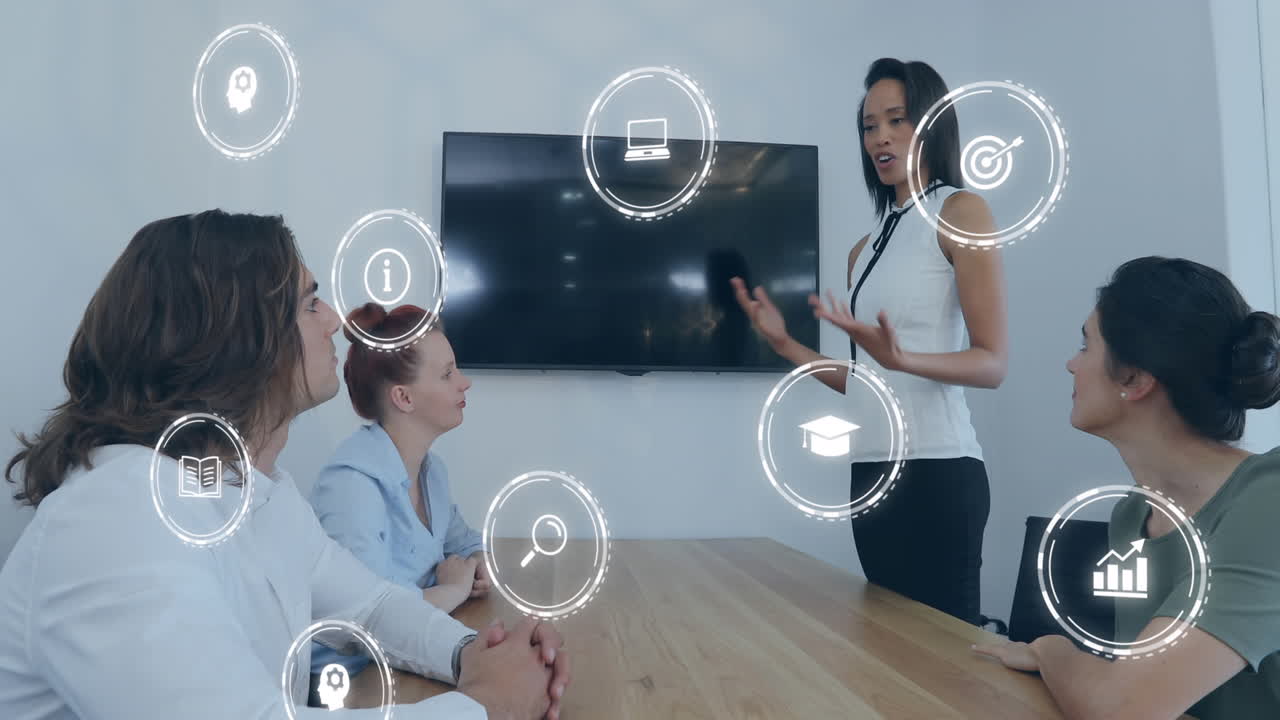 사무실에서 다양한 비즈니스 사람들에 대한 아이콘의 애니메이션과 데이터 처리