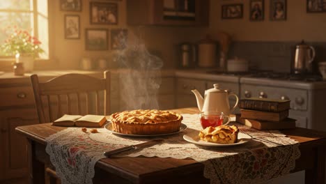 a warm and inviting kitchen scene featuring a freshly baked pie and steaming tea, with sunlight streaming through the window, creating a cozy atmosphere