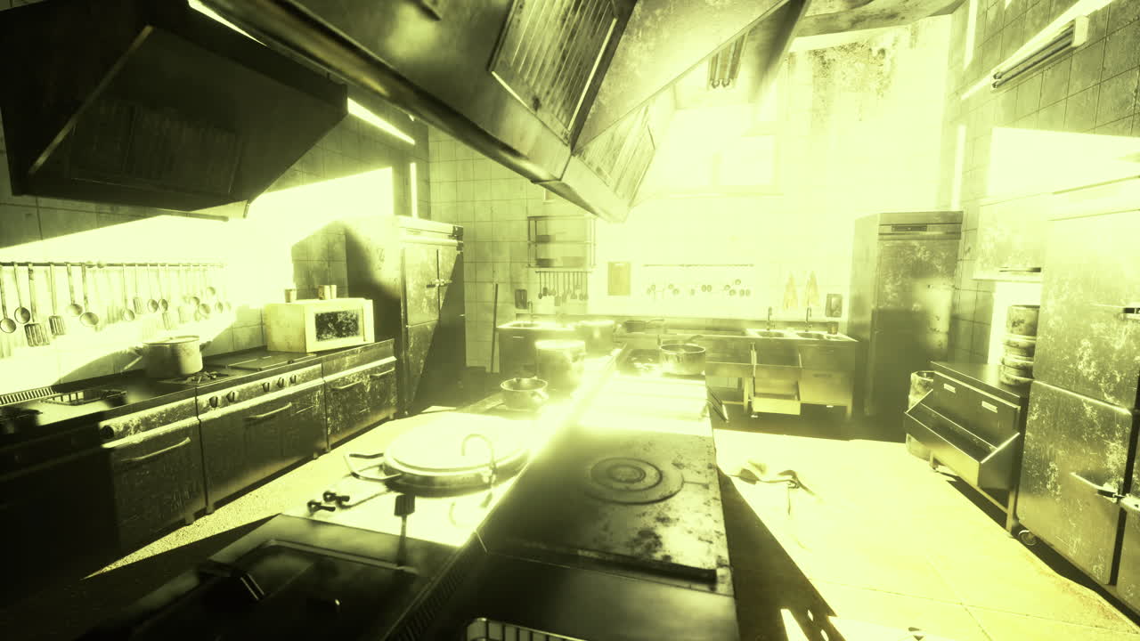 Bright light illuminating an industrial kitchen in disarray
