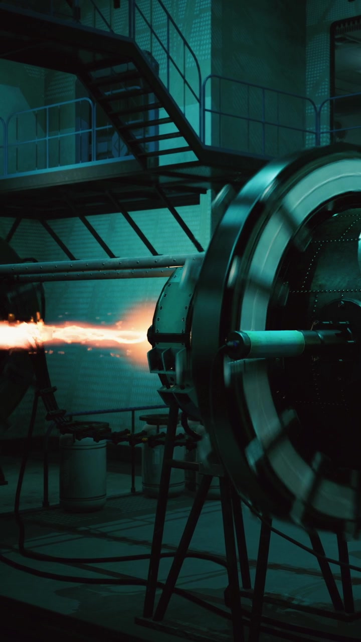 Rocket engine undergoing testing in a workshop with flames visible