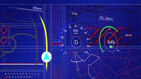 Animation-of-digital-electric-car-speedometer-and-data-processing-over-screens