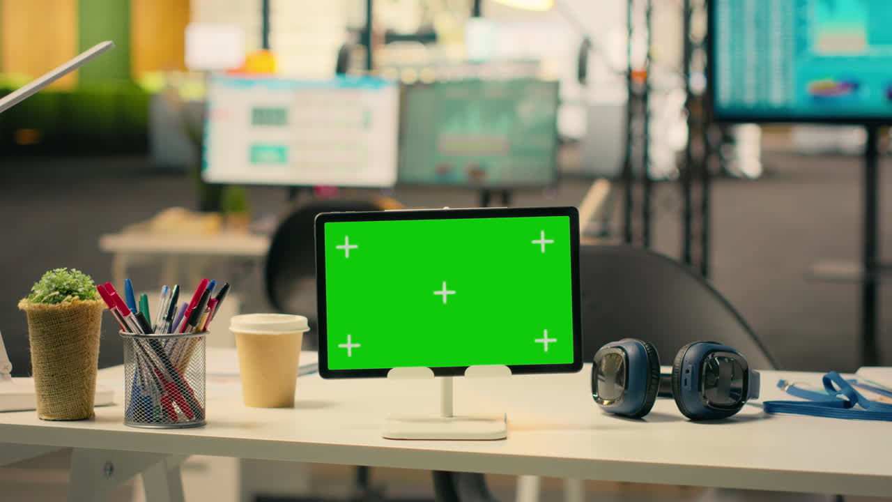 Layar hijau tablet, meja workstation kosong, ruang perusahaan dan alat kantor