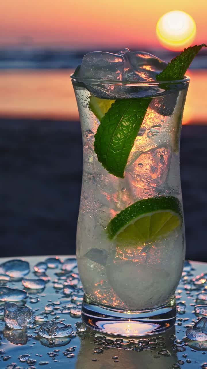 Nærbillede af en forfriskende cocktail med lime og mynte, optaget ved solnedgang.
