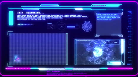 Animation-of-data-processing-on-glowing-charts,-graphs-and-globe-on-dark-interface-screen