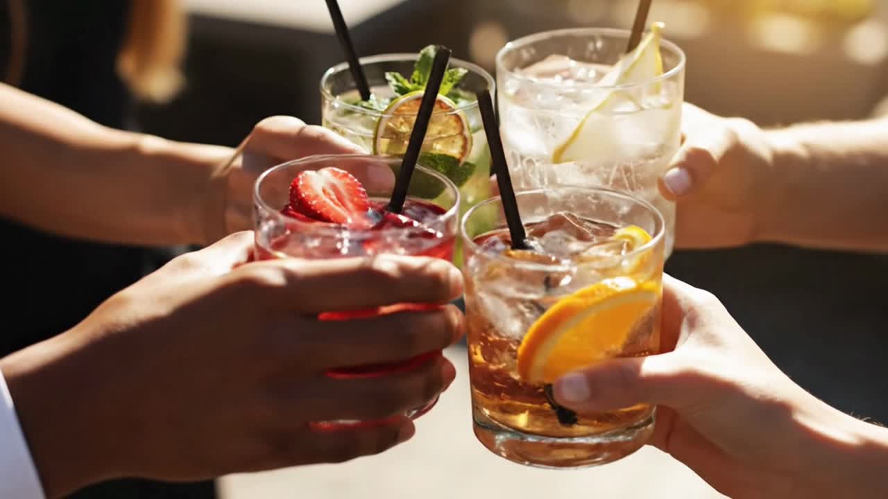 Amici che brindano con cocktail estivi colorati