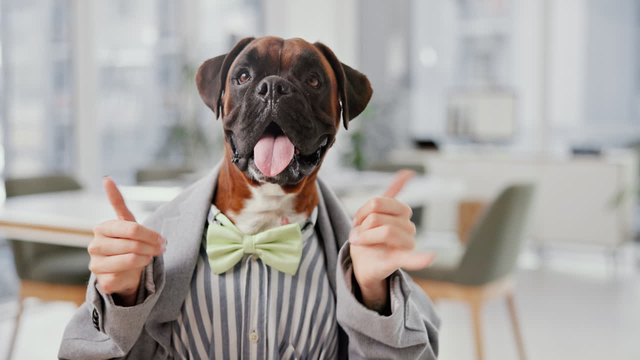 Boxer dog dressed in a suit giving thumbs up in an office