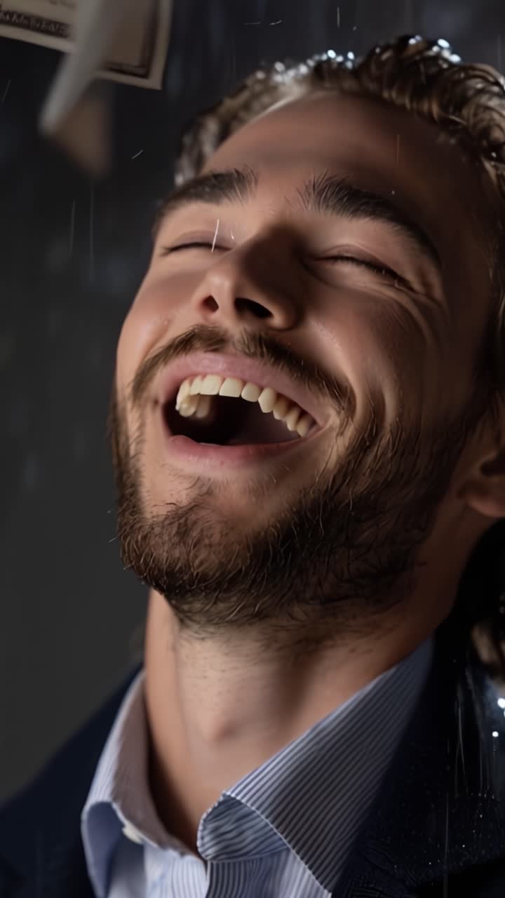 Un momento gioioso catturato sotto la pioggia, che mostra un uomo sorridente con la barba, che esprime felicità e calore attraverso il suo sorriso radioso e la risata genuina.