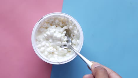 queso cottage en un recipiente con una cuchara
