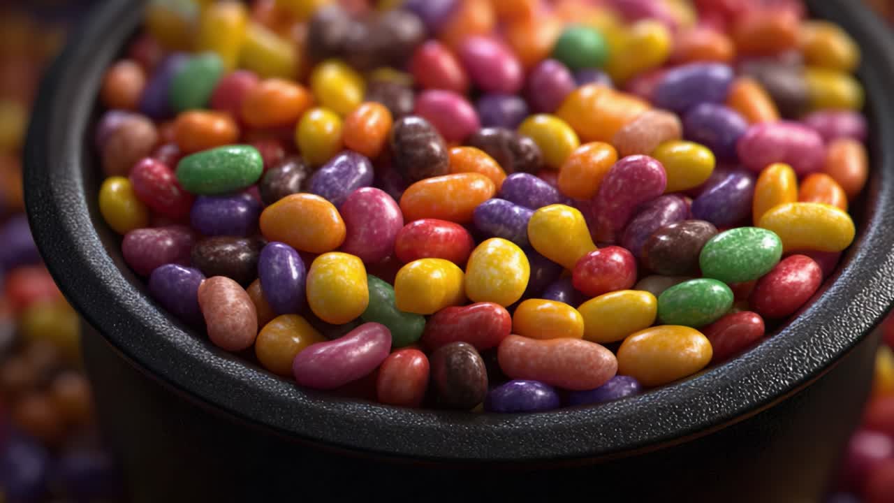 Macro shot of a black bowl filling up with a cascade of sweet, multicolored jelly beans, showcasing a vibrant assortment of fruity flavors and sugary treats perfect for any candy lover