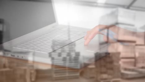 animación de una mujer usando una computadora portátil con pilas de cajas en un almacén en el fondo