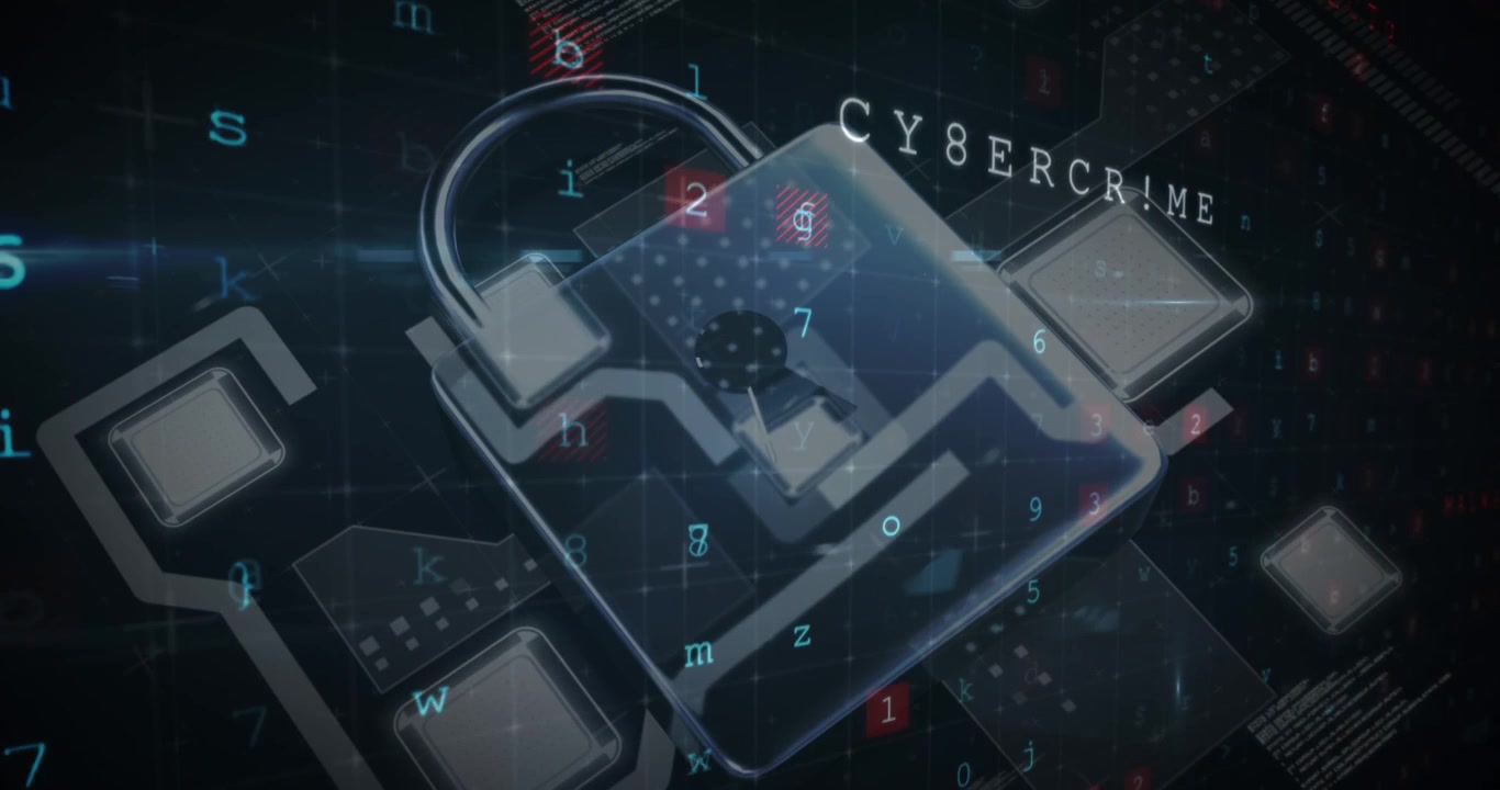 Animation of security padlock over data processing on dark background