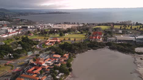 Beautiful-birds-eye-view-of-Rotorua-lakeshore,-New-Zealand