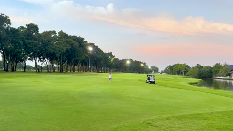 golf cart moving across lush green course