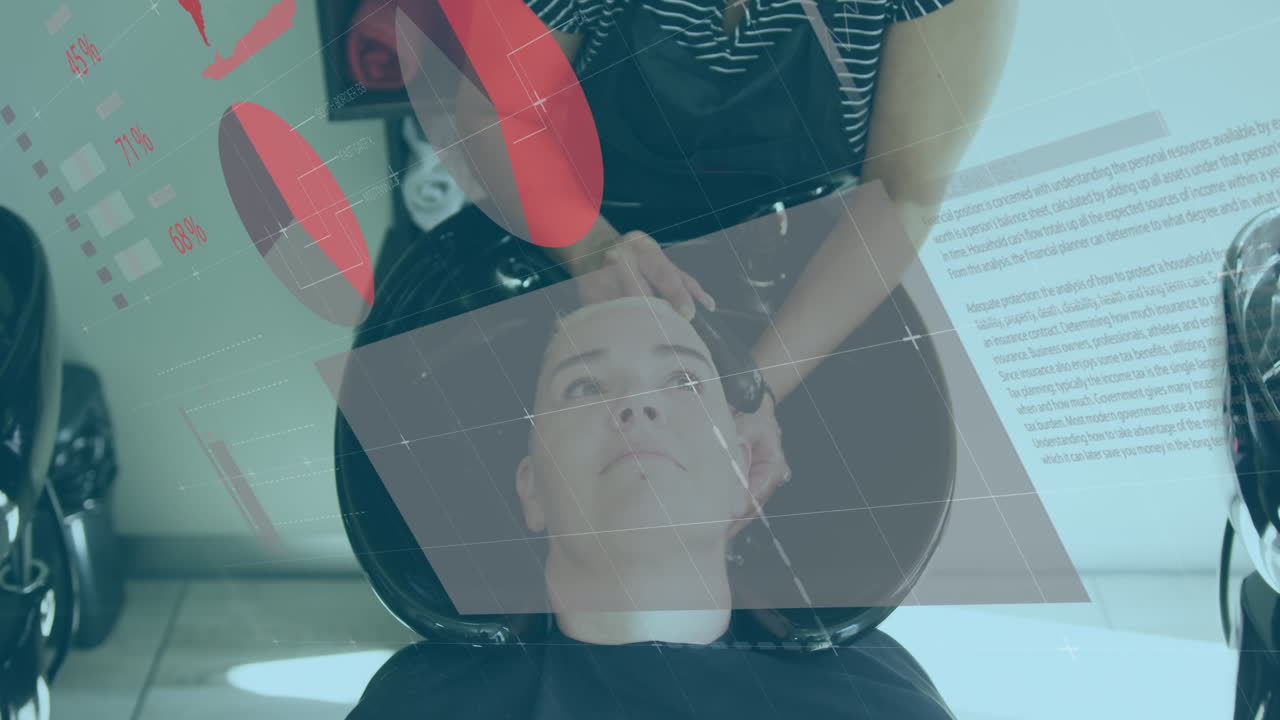 animación de procesamiento de datos estadísticos contra una mujer caucásica lavándose el cabello en un salón