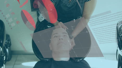 animación de procesamiento de datos estadísticos contra una mujer caucásica lavándose el cabello en un salón