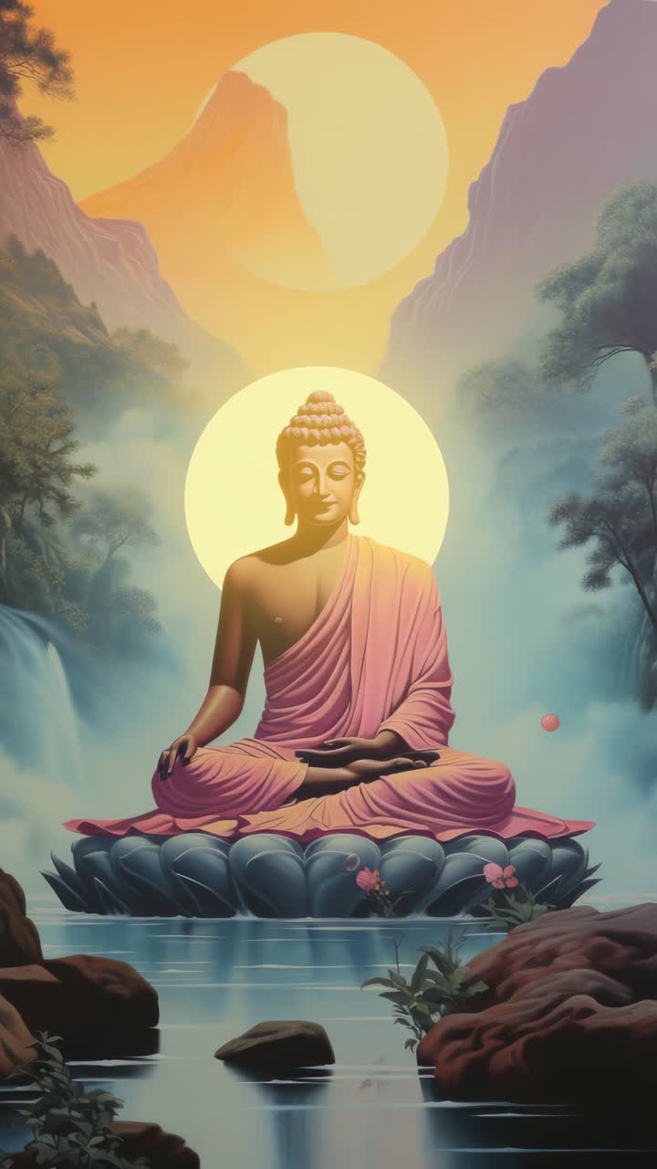 Statua serena del Buddha in un paesaggio tranquillo, ripresa da un'angolazione bassa.