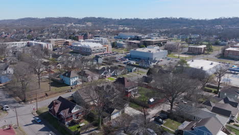 aerial drone footage rotating around chattanooga preparatory school in the daytime in chattanooga, tn.