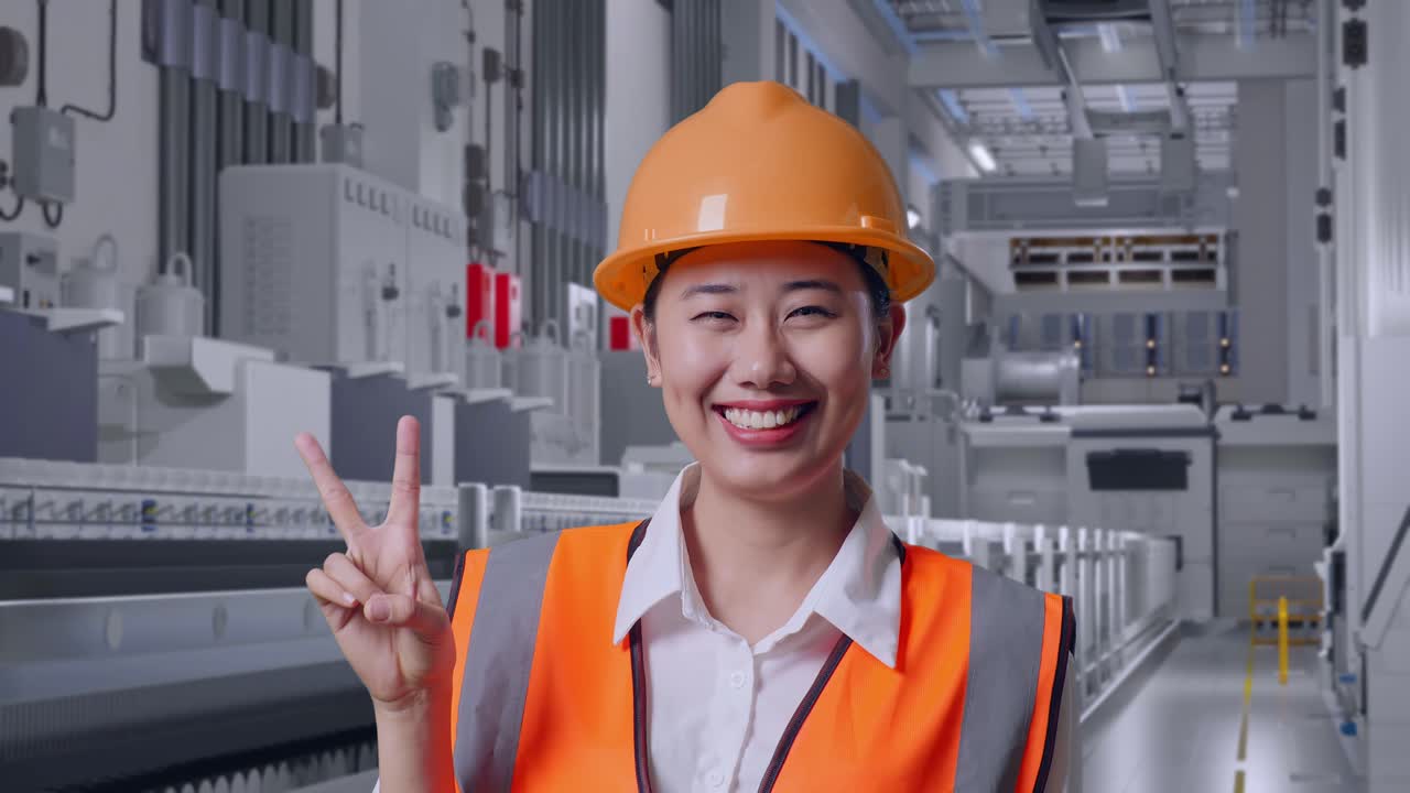 Close Up Of Asian Female Engineer With Safety Helmet Smiling And Showing Peace Gesture At Pharmaceutical Factory, Vaccine Production Facility