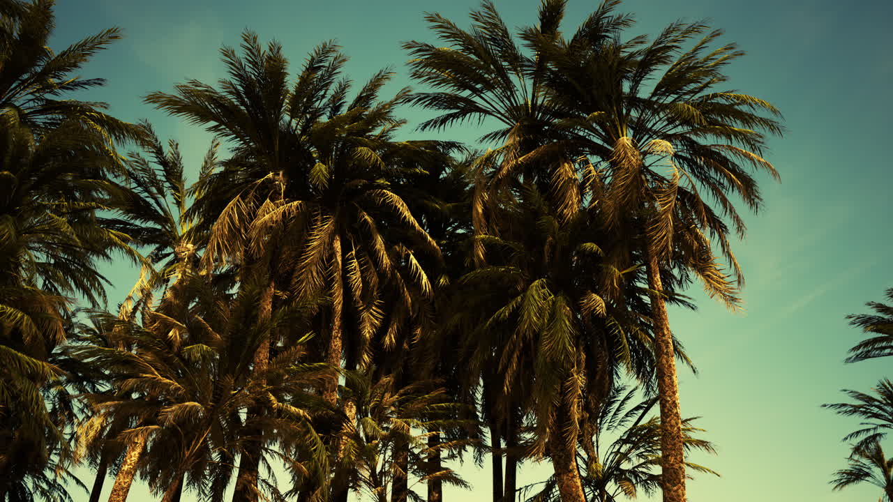 Underside of the coconuts tree with clear sky and shiny sun