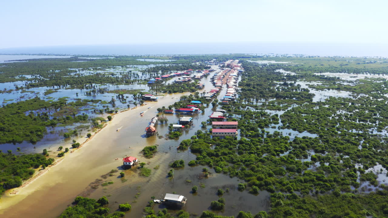 Aerial Flyover, Kampong Phluk Floating Village In Cambodia.