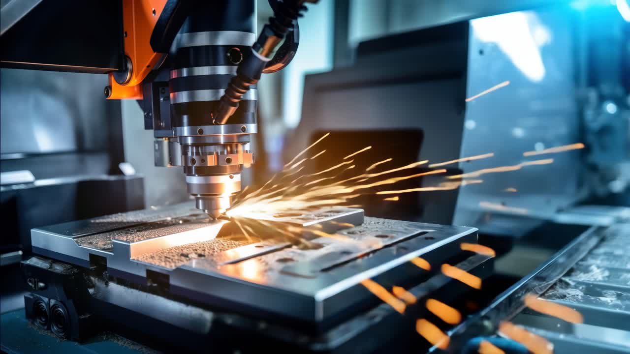 Close-up angle of a CNC machine cutting metal, sparks flying