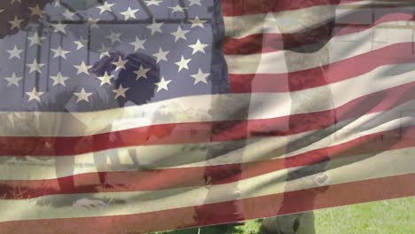 animation of flag of america over diverse superior walking beside soldiers doing push ups