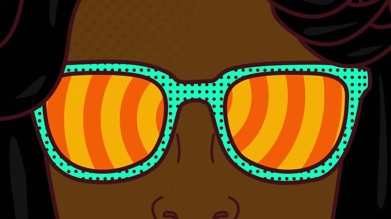 animación de una mujer con gafas sobre un fondo con círculos naranjas