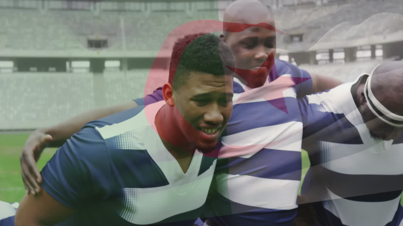 Huddling with Algeria flag overlay, rugby players in stadium during match