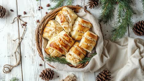 christmas cheese bread in wicker basket