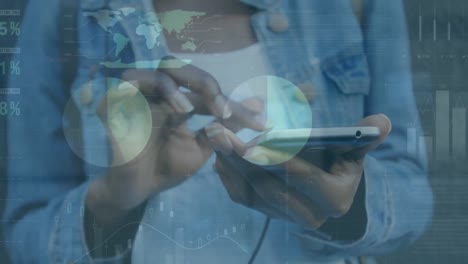 animation of financial data processing over biracial woman using smartphone
