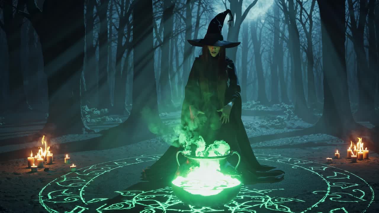 A mysterious witch in a dark forest, surrounded by glowing symbols and candles, shot from a low