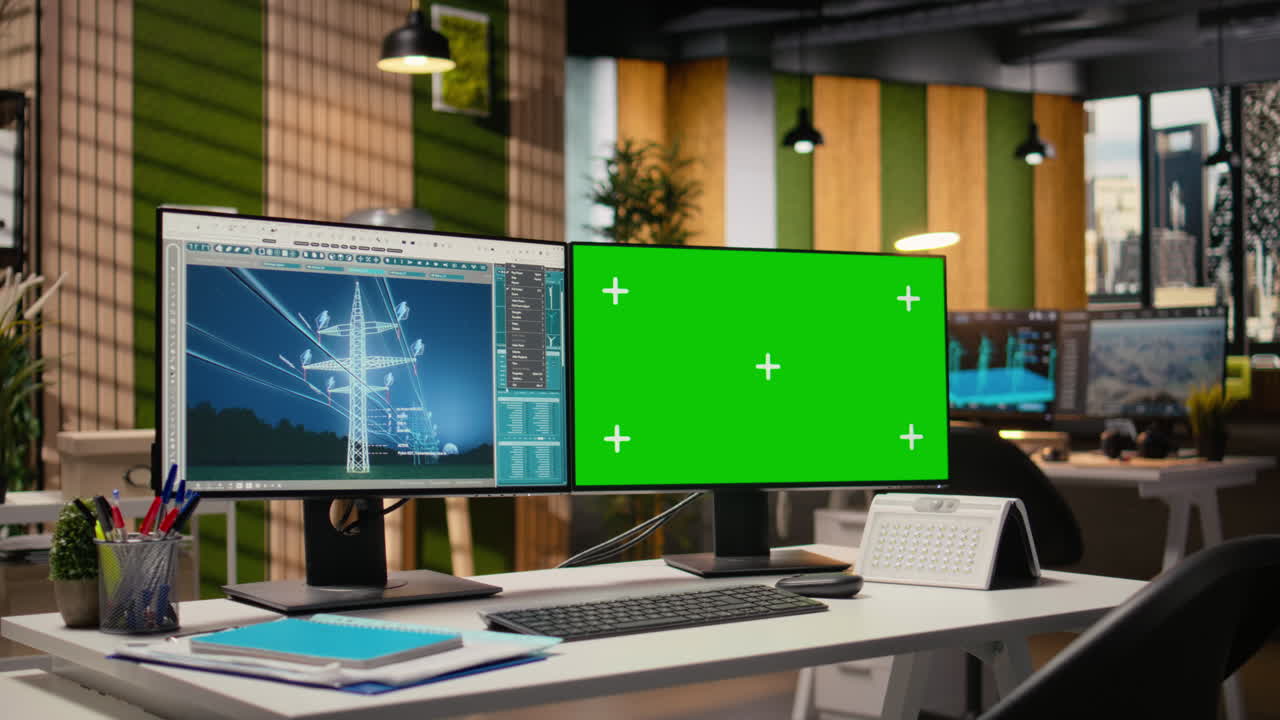 Power Line Tower Cad Design Displayed On Green Screen Pc In Engineering Office