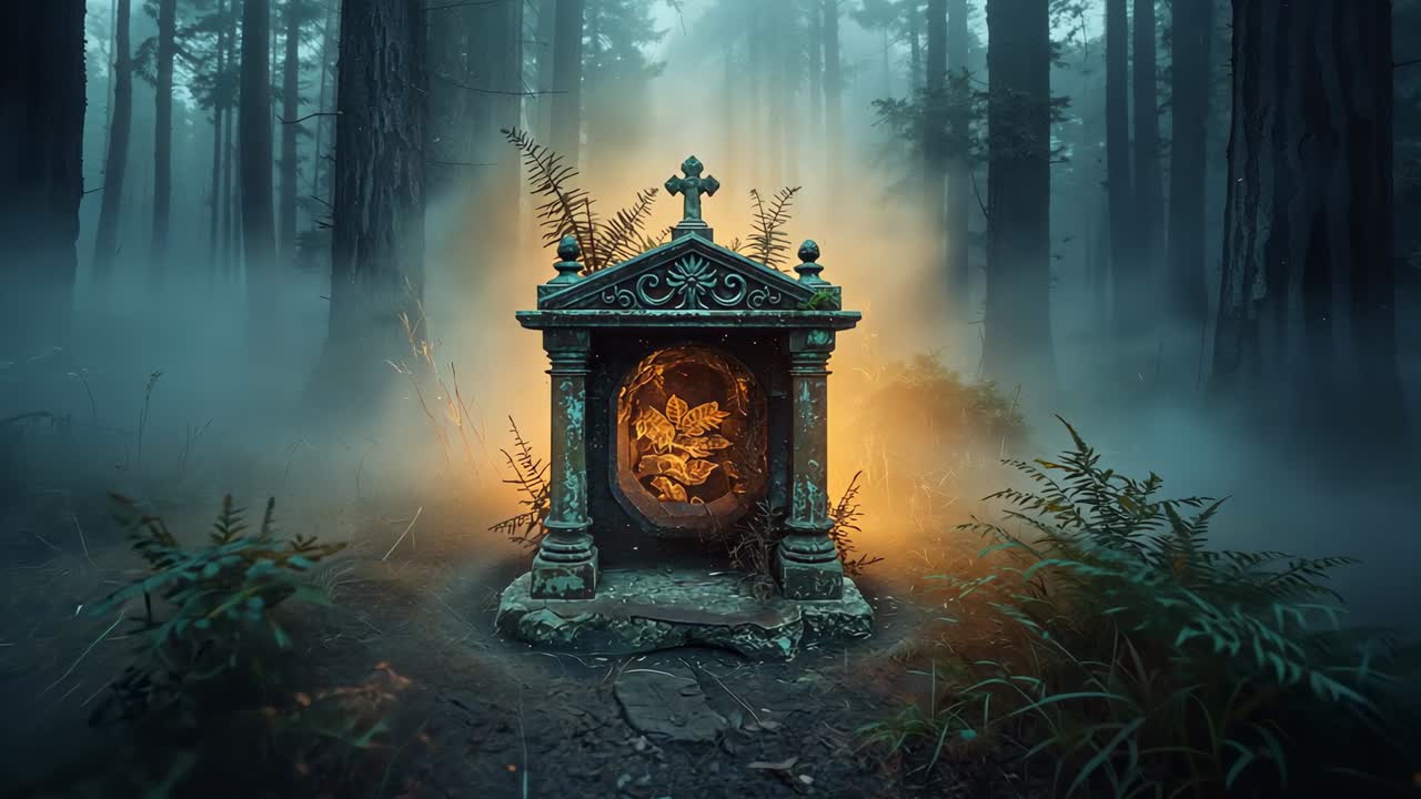 Moving camera approaching ornate stone shrine in misty forest, revealing illuminated floral relief