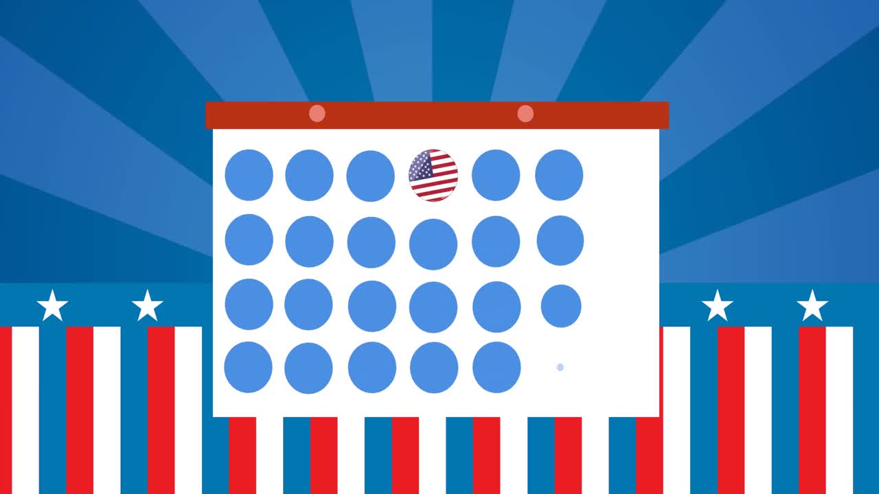 Animation of token template card and american flag moving over blue background