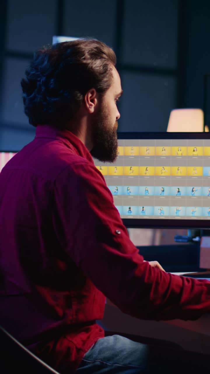 Vertical video Photographer arriving at work, starting shift by using image editing software on PC display