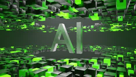 metallic "ai" text in futuristic space surrounded by floating black and green cubes. artificial intelligence, digital innovation and technology concept. 3d render with copy space. vertical