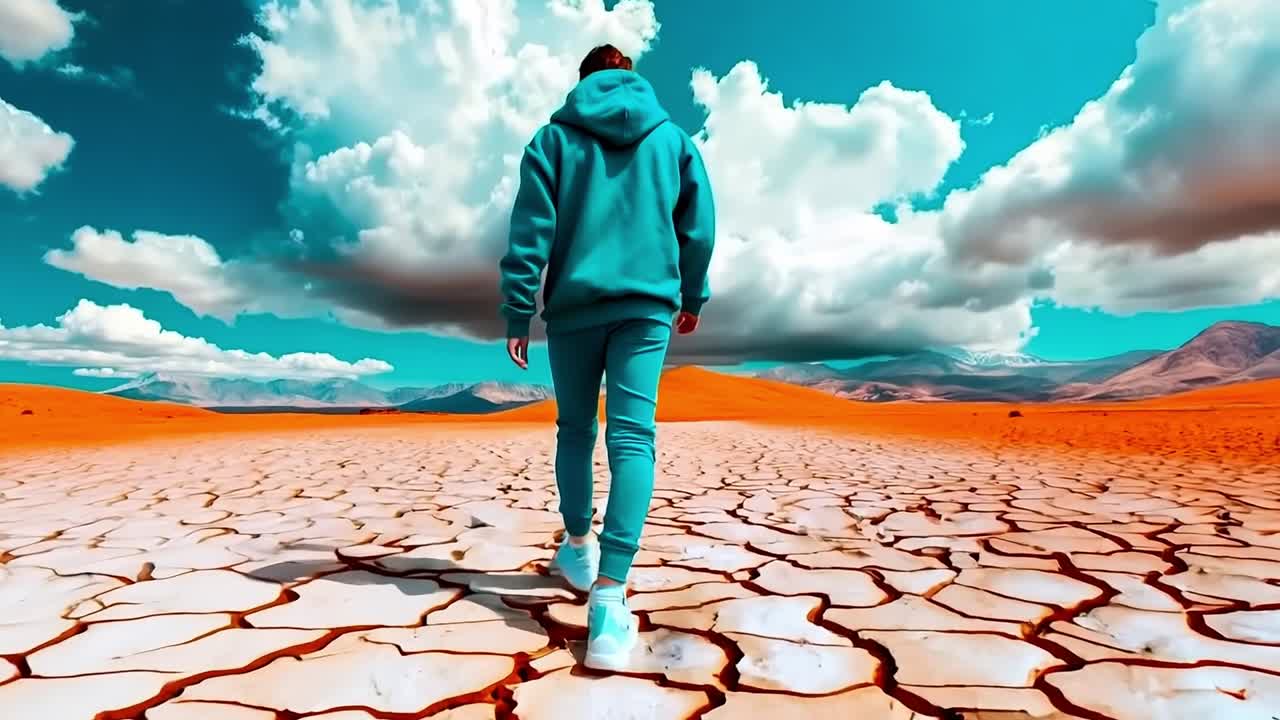 Uma pessoa com um moletom azul com capuz andando sobre um chão seco e rachado