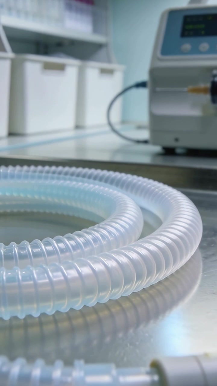 Vertical video: Tilting camera capturing coiled clear tubing on metal bench, documenting pump setup