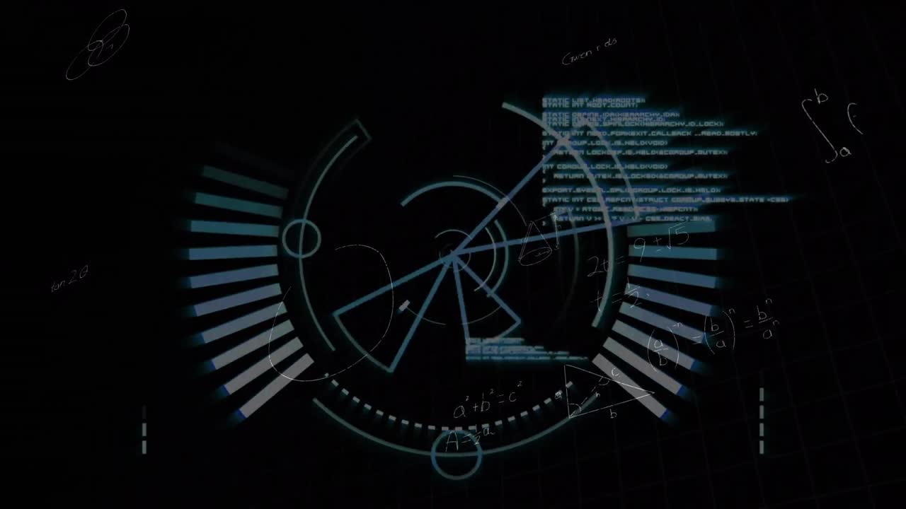Animation of loading circles and computer language with mathematical equation and diagrams