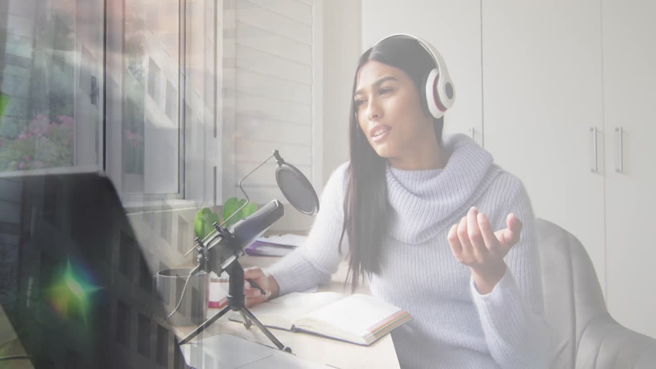 사람들이 고 있는 도시 풍경에 대한 캐스트를 녹음하는 두 인종 사업가의 애니메이션