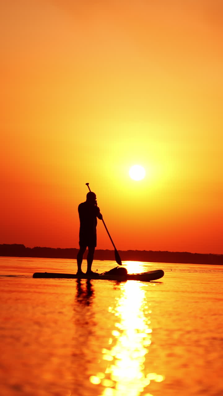 Male figure standing on the sup board on calm river. Man spending time on water at sunset in summer. Vertical video