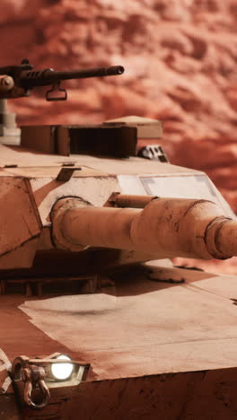 primer plano de un tanque militar en un entorno desértico